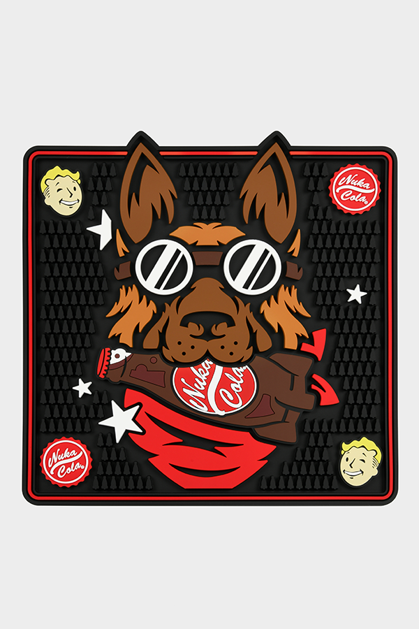Illustration of a dog wearing sunglasses and a red bandana with a brand logo on a black background.