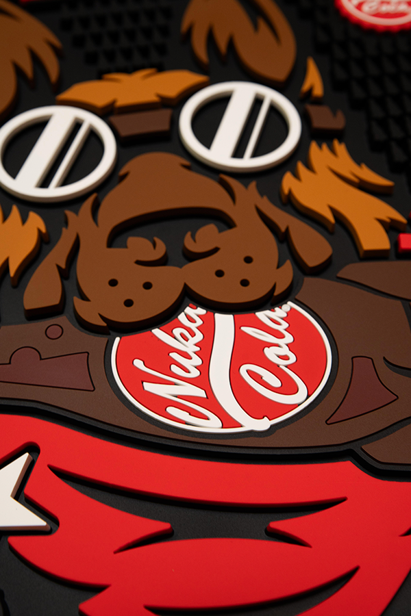 Nuka-Cola logo on a character's chest with a red background
