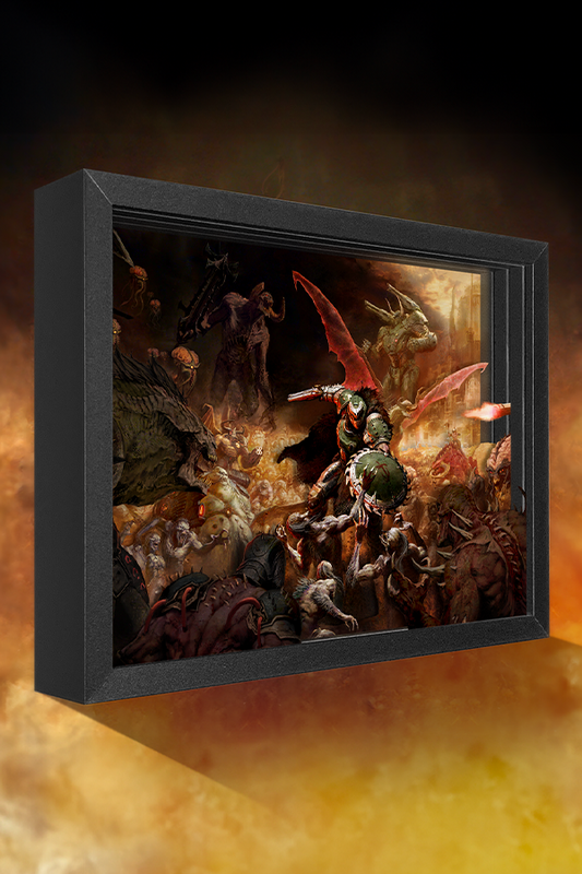 Framed artwork with fantasy creatures on a dark background