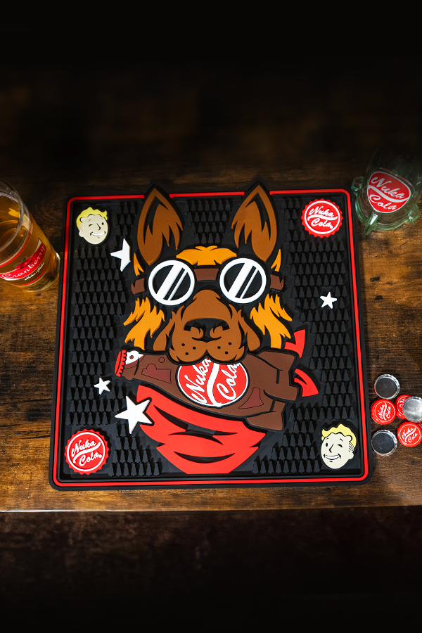 Dog-themed bottle opener mat with a cartoon dog design on a wooden surface.