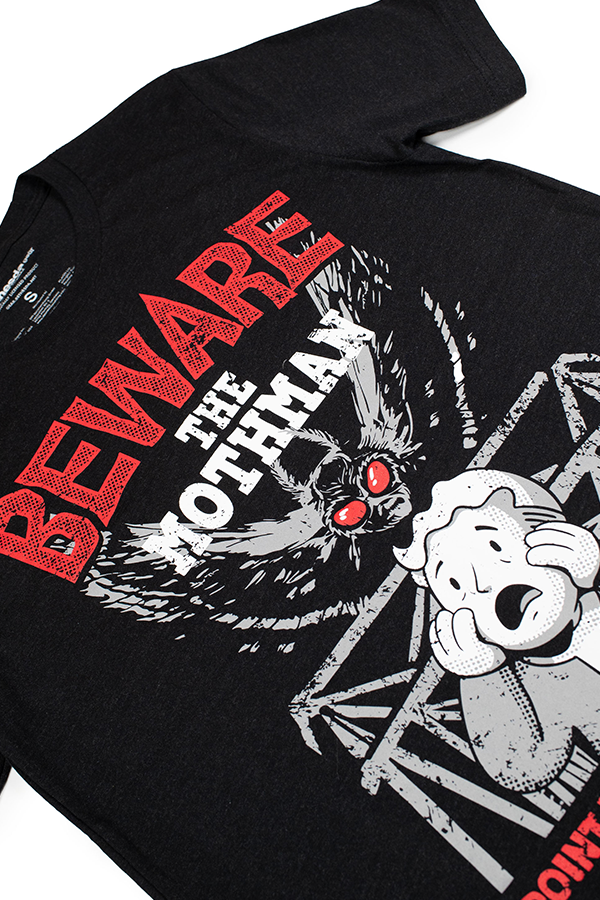 Black t-shirt with 'Beware the Mothman' graphic design on a white background