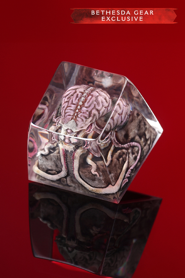 Dodecahedron-shaped object with brain design on a red background, Bethesda Gear Exclusive.
