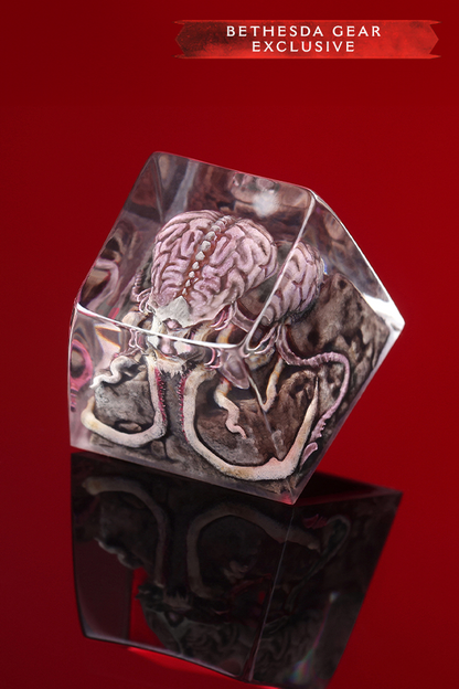 Dodecahedron-shaped object with brain design on a red background, Bethesda Gear Exclusive.
