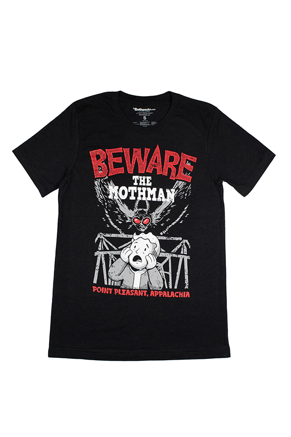 Black t-shirt with graphic design and text 'Beware the Mothman' on a white background