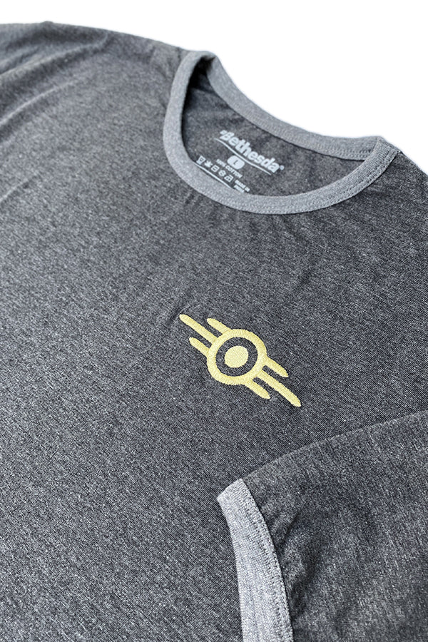 Image: Fallout Vault Lounger Pajama Set closeup of shirt embroidery