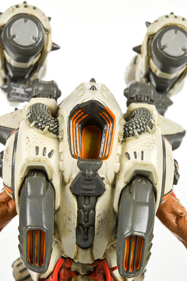 Close-up shot of the DOOM Eternal Revenant Statue, showing the details and different textures of the jetpack on the demon’s back.