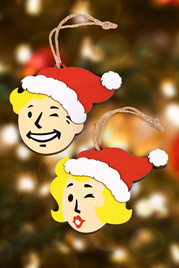 Image: Fallout Vault Boy and Girl Wooden Ornament Set