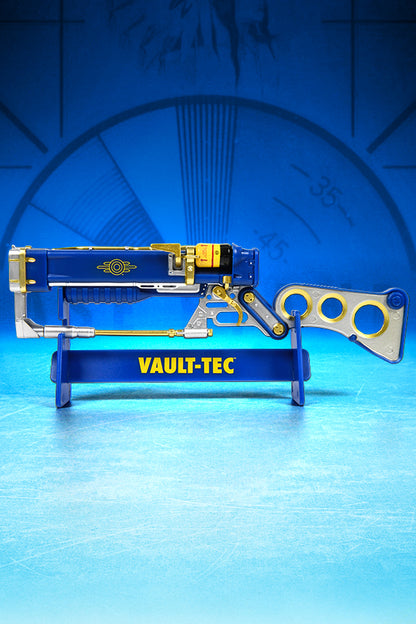 Side view of the Fallout AER9 Vault-Tec Laser Rifle facing left, showing the Vault-Tec symbol on the barrel.