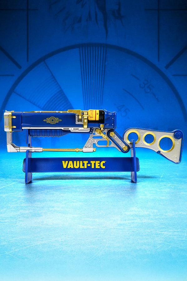 Side view of the Fallout AER9 Vault-Tec Laser Rifle facing left, showing the Vault-Tec symbol on the barrel.