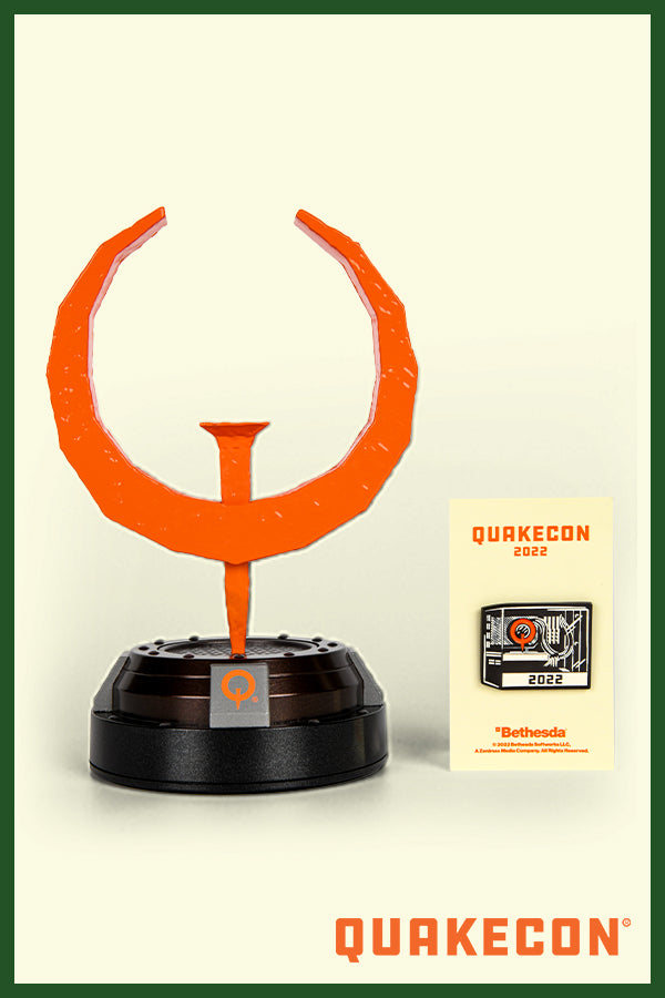 Limited Edition QuakeCon Rotating Quad Damage Statue and QuakeCon 2022 Pin