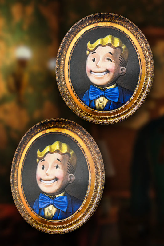 The Fallout Winking Vault Boy Portrait Lenticular Print, a 16” x 18” artwork feat. a semi-realistic portrait of Vault Boy, with eyes open or with one eye winking from a certain random angle.