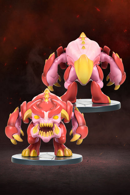 Front view of the DOOM Eternal Pinky Mini Collectible Figure, a 3 x 3 x 3.15” Polyresin figure of a pink demon with a round body, sturdy legs, burly arms, claws, horns, spikes, and a killer look in its face and eyes. Limited production of only 900 worldwide. Modeled after an in-game collectible.