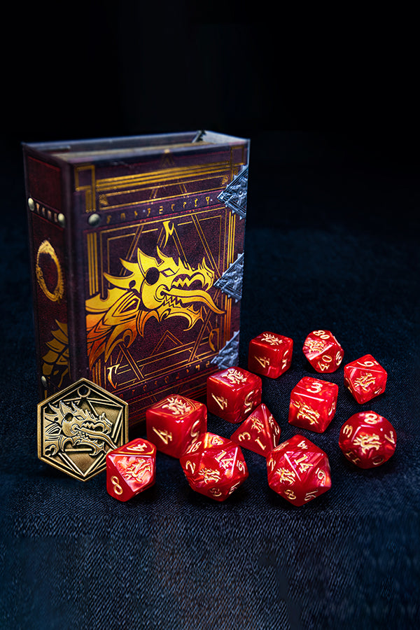  The Elder Scrolls Online Ebonheart Pact Dice Set on a flat surface beside its faux grimoire box.