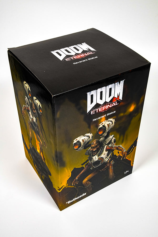 High angle quarter view of the DOOM Eternal Revenant Statue’s box.