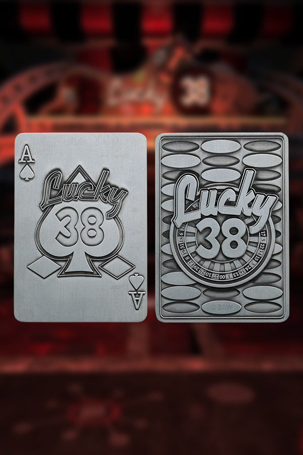 Front and back of the Lucky 38 metal Ace of Spades card, showing the embossed Lucky 38 ace of spades logo and the Lucky 38 Roulette logo, respectively.