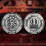 Front and back of the metal poker chip, showing the embossed Lucky 38 spade logo and “200 On the House” respectively.
