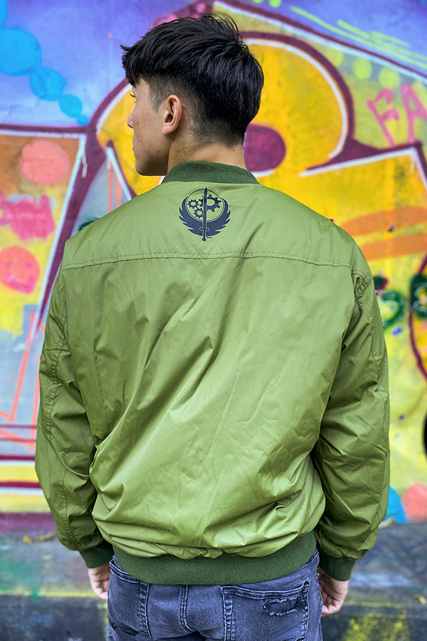 Image: Fallout Brotherhood of Steel Bomber Jacket back view on male model