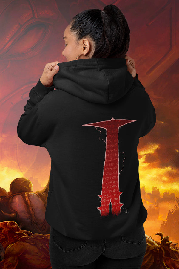 Image: DOOM Crucible Hoodie back view on female model