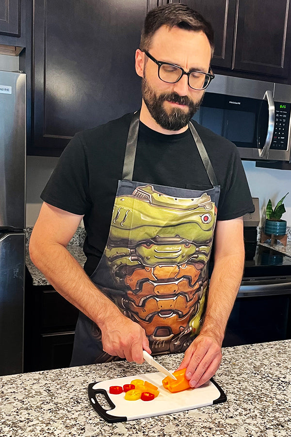 Image: DOOM Slayer Apron on male model cooking
