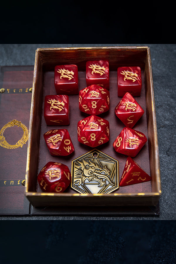 Detail shot of The Elder Scrolls Online Ebonheart Pact Dice Set inside its box.