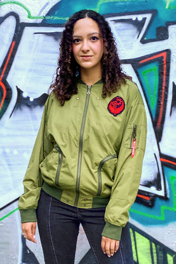Image: Fallout Brotherhood of Steel Bomber Jacket front view on female model