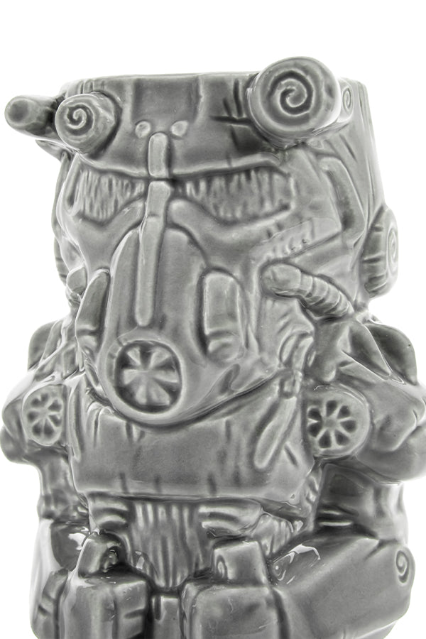 Left-facing quarter view of the upper half of the Fallout Power Armor Geeki Tiki.