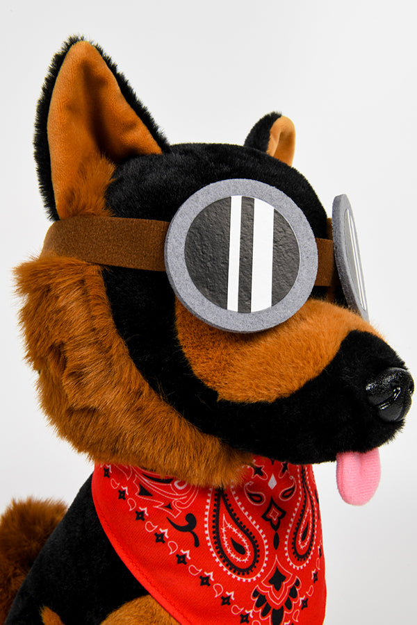 Fallout Dogmeat Puppy Plush closeup head view with goggles on